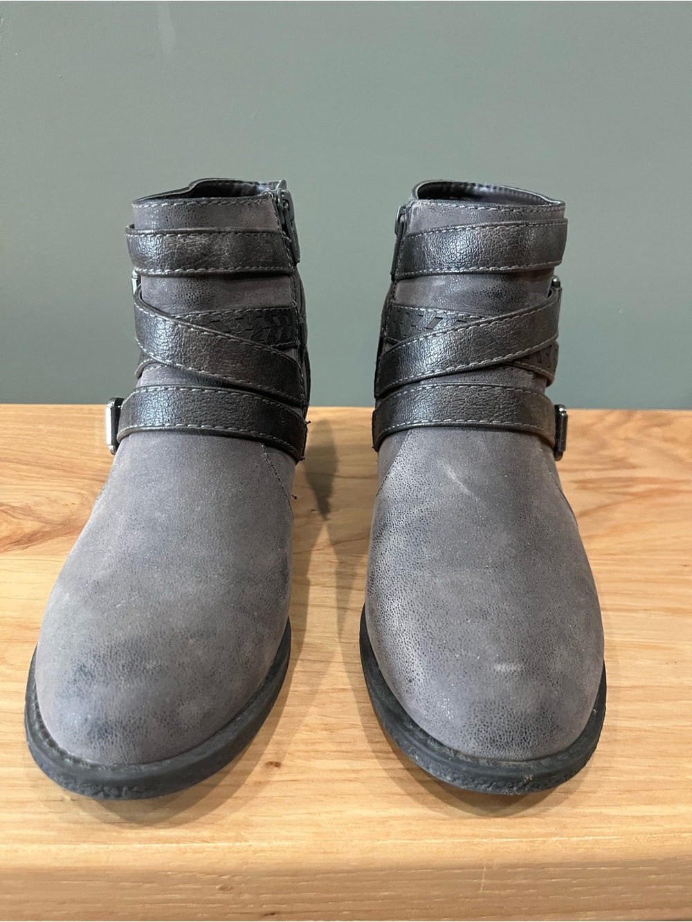 Women's Grey Ankle Boots with Wrap Buckle Straps